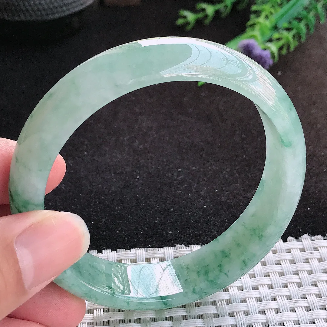 自然光59/15.6/7.8老坑冰胶水灵飘花宽边手镯缅甸翡翠宽边玉镯手环