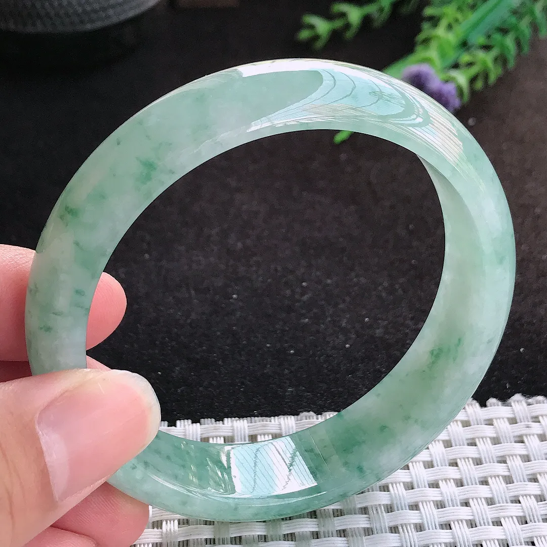 自然光59/15.6/7.8老坑冰胶水灵飘花宽边手镯缅甸翡翠宽边玉镯手环