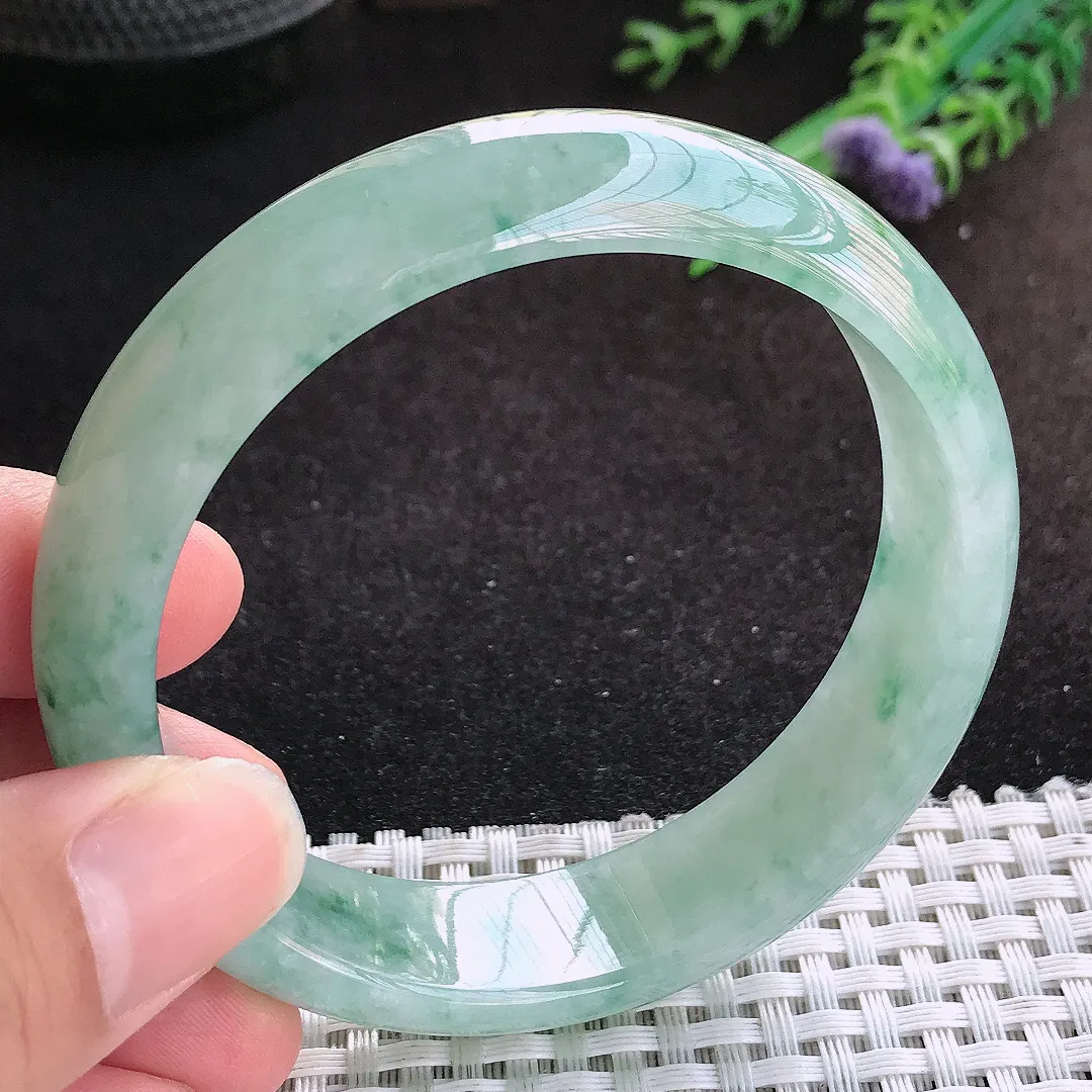 自然光59/15.6/7.8老坑冰胶水灵飘花宽边手镯缅甸翡翠宽边玉镯手环