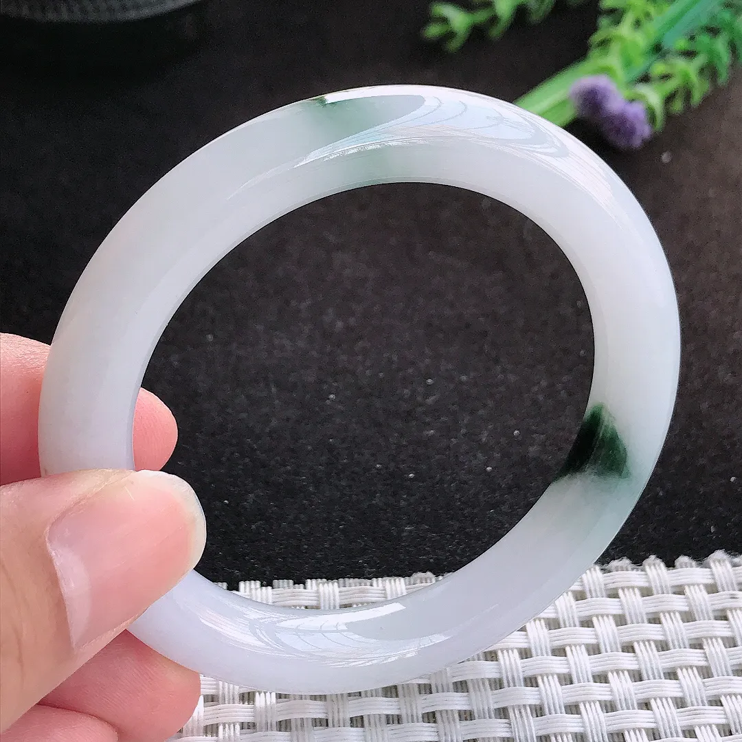 自然光52.5/9.5老坑精美冰润飘花圆条手镯缅甸翡翠宽边玉镯手环