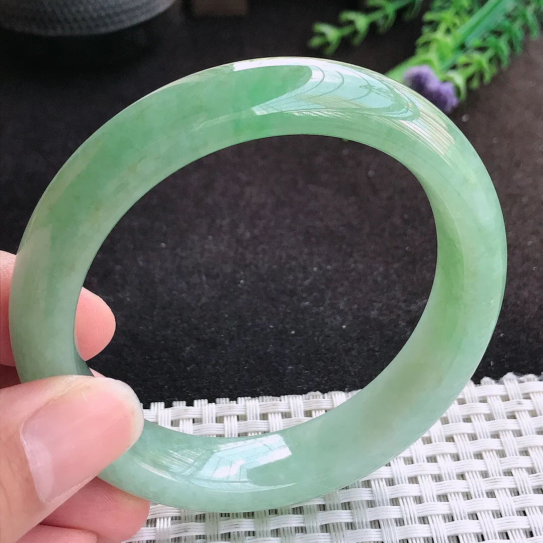 自然光58.5/13.5/9.4老坑精美冰润满绿手镯缅甸翡翠宽边玉镯手环