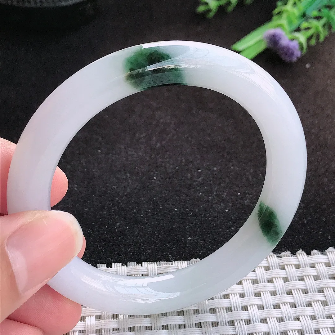 自然光52.5/9.5老坑精美冰润飘花圆条手镯缅甸翡翠宽边玉镯手环