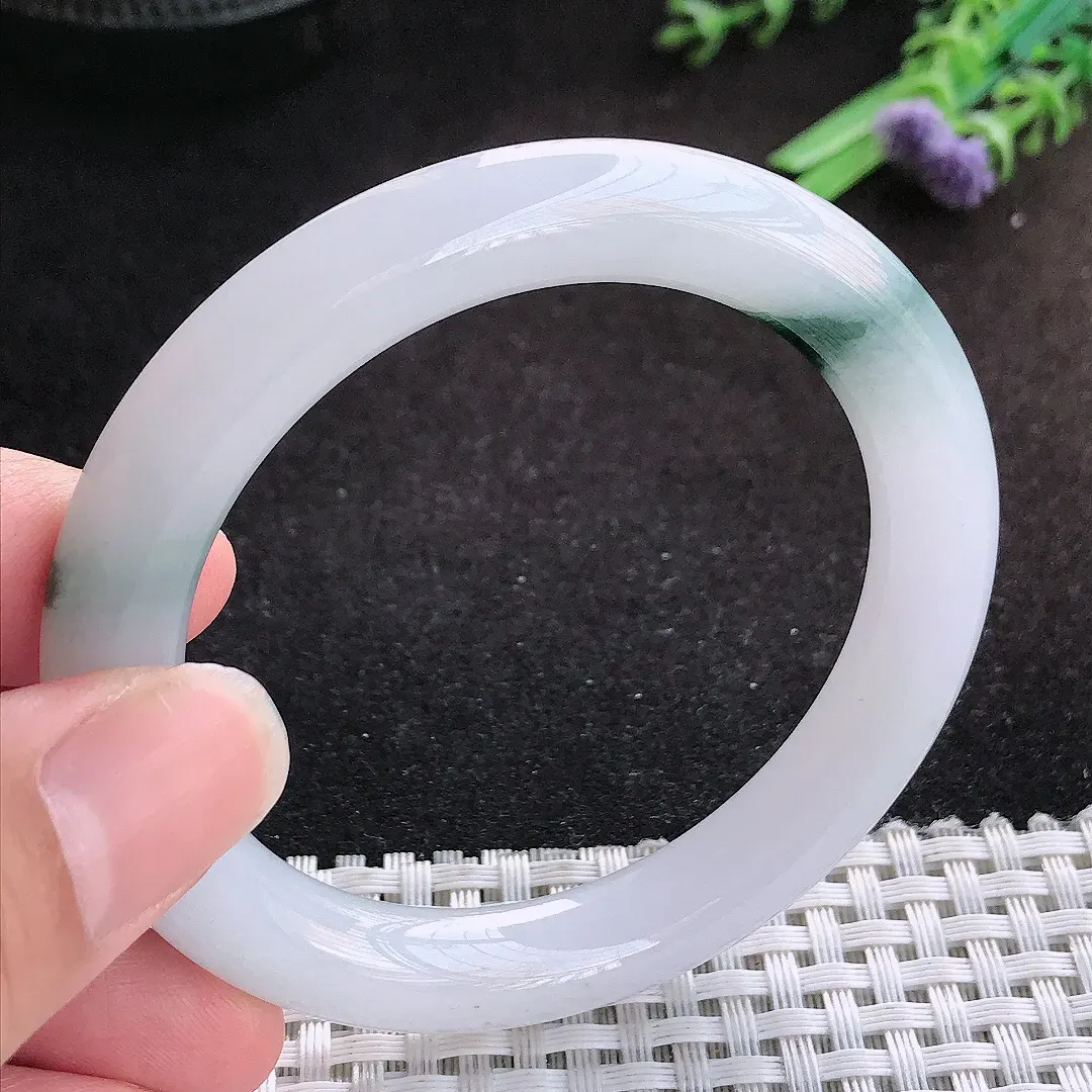 自然光52.5/9.5老坑精美冰润飘花圆条手镯缅甸翡翠宽边玉镯手环
