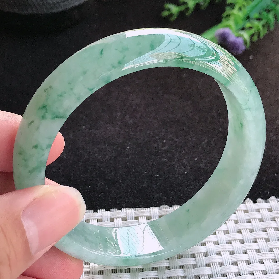 自然光59/15.6/7.8老坑冰胶水灵飘花宽边手镯缅甸翡翠宽边玉镯手环