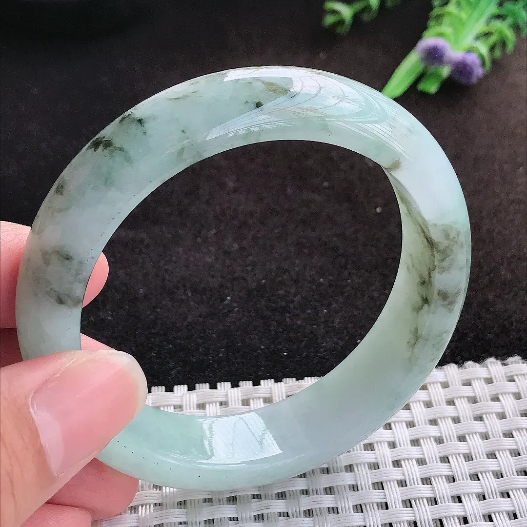 自然光55.5/14.6/8.6老坑冰润飘花手镯缅甸翡翠宽边玉镯手环