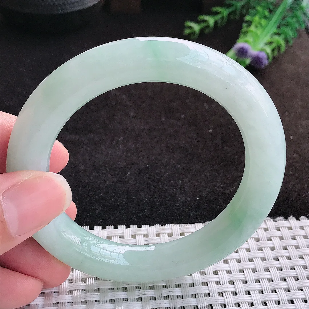 自然光55/10.8/11.3老坑冰胶水灵冰晴圆条手镯缅甸翡翠宽边玉镯手环