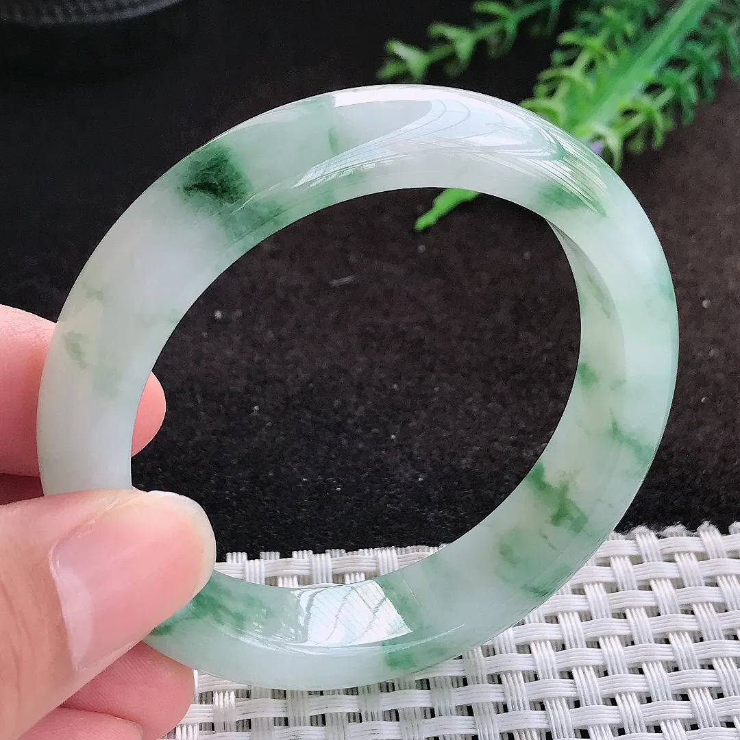 自然光53.5/12.9/8.3老坑精美冰胶果冻飘花手镯缅甸翡翠宽边玉镯手环