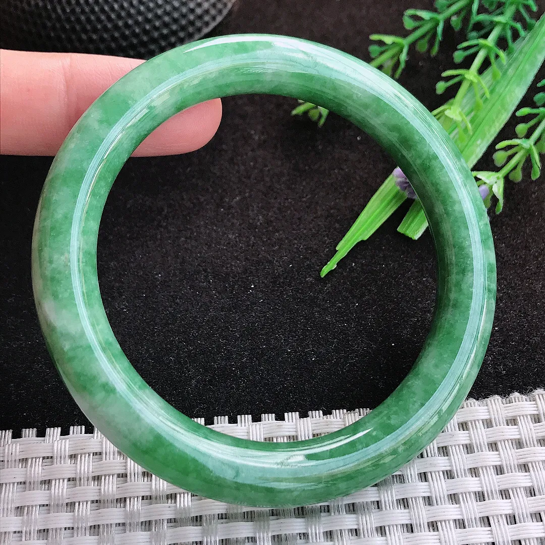 自然光58/10/9.8老坑温润辣绿满绿圆条手镯缅甸翡翠宽边玉镯手环