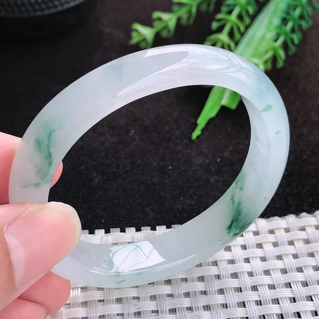 自然光52/44.5/11.5/7.3老坑冰胶果冻胶飘花贵妃手镯缅甸翡翠宽边玉镯手环