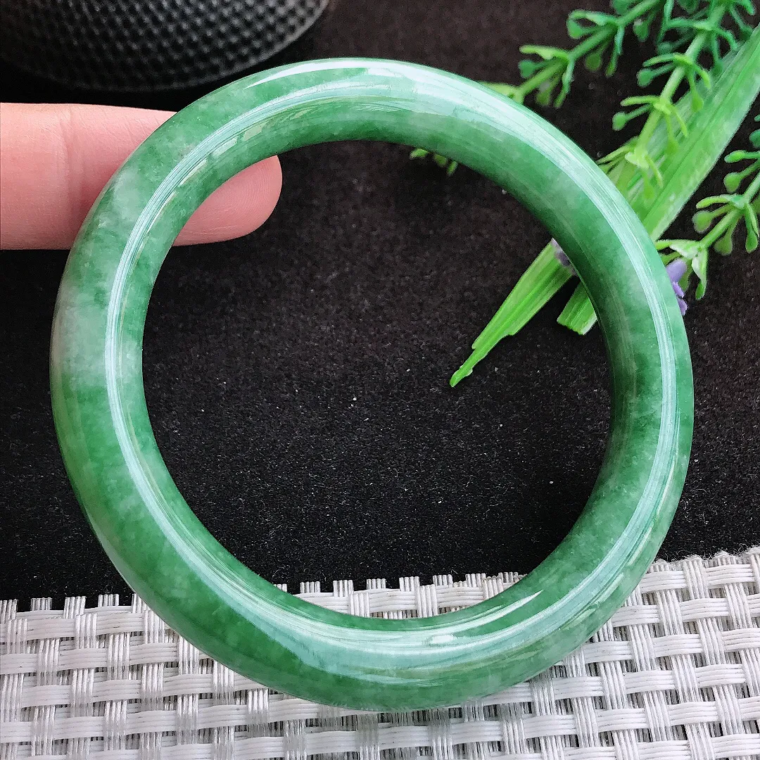 自然光58/10/9.8老坑温润辣绿满绿圆条手镯缅甸翡翠宽边玉镯手环