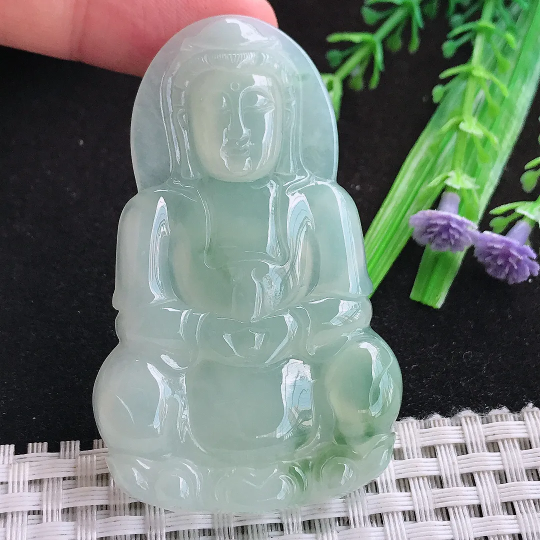 自然光62/38.3/5.5老坑冰胶果冻冰晴甜绿正装观音吊坠天然翡翠玉坠挂件