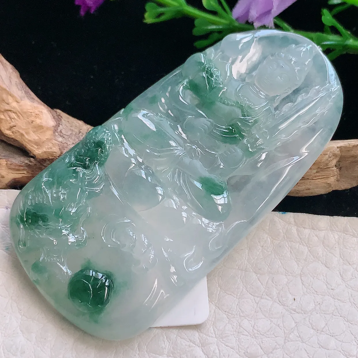 qxm实拍63*31.8*5.8缅甸翡翠冰飘花虚空藏菩萨吊坠御龙观音