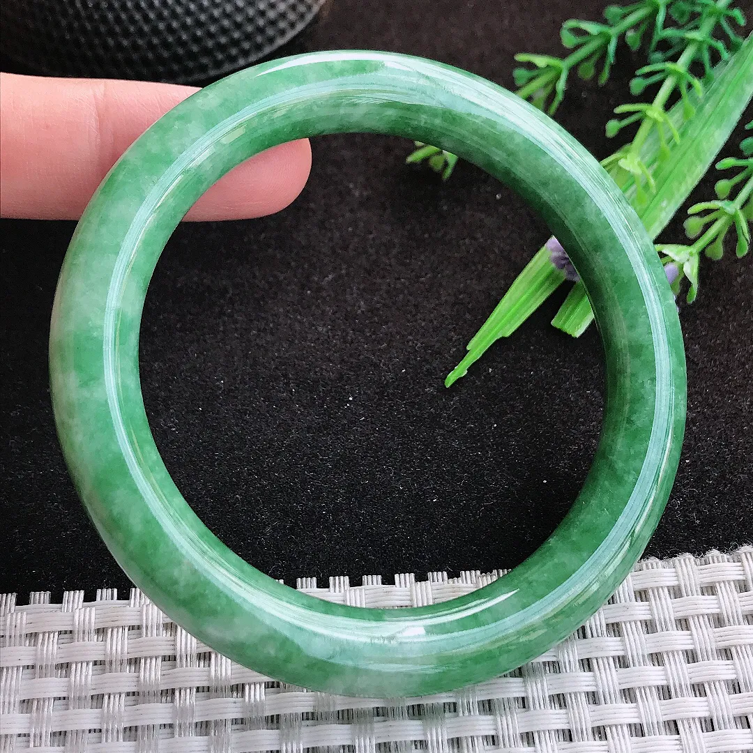 自然光58/10/9.8老坑温润辣绿满绿圆条手镯缅甸翡翠宽边玉镯手环