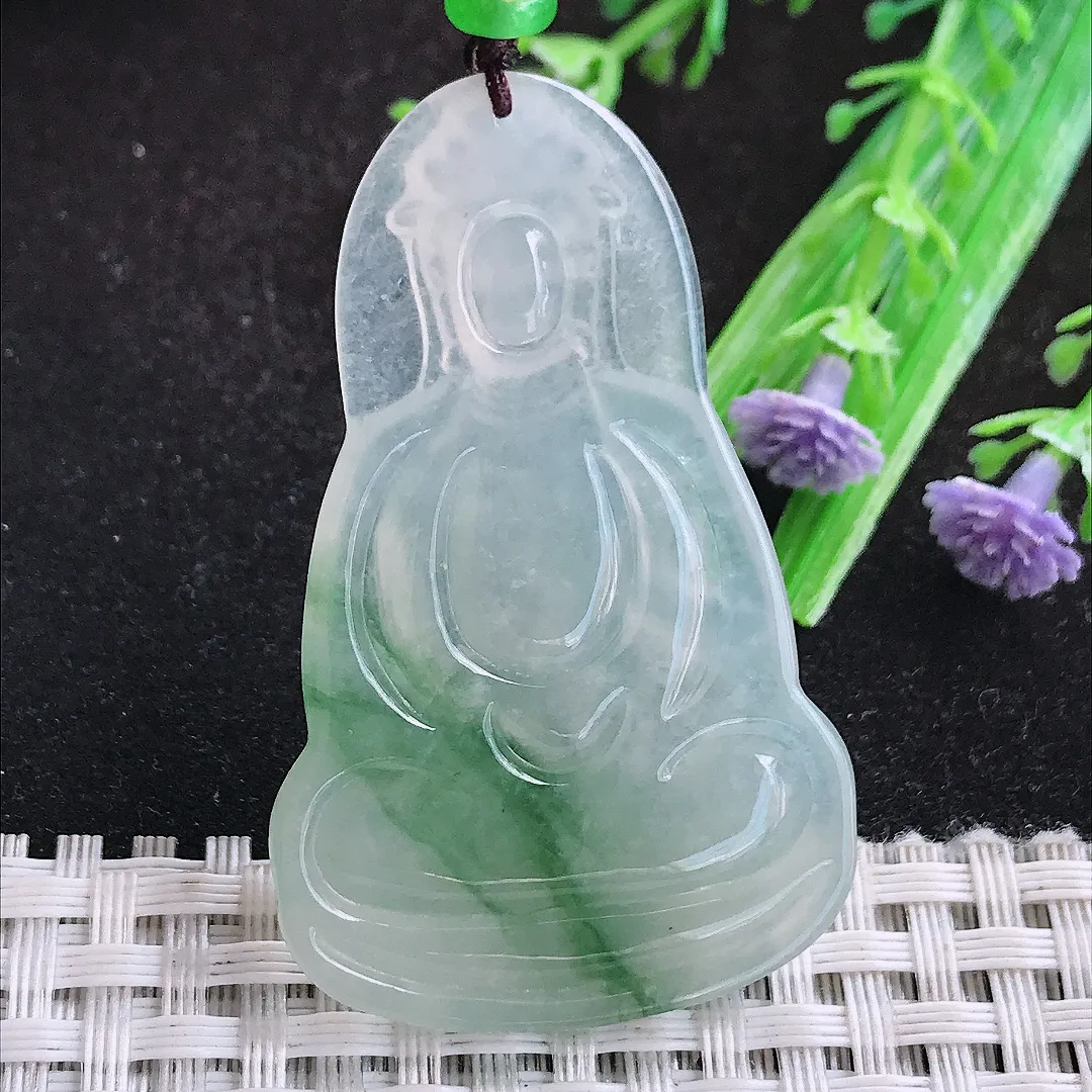自然光50.8/31.8/4.6老坑冰种果冻胶飘花素衣观音吊坠天然翡翠玉坠挂件