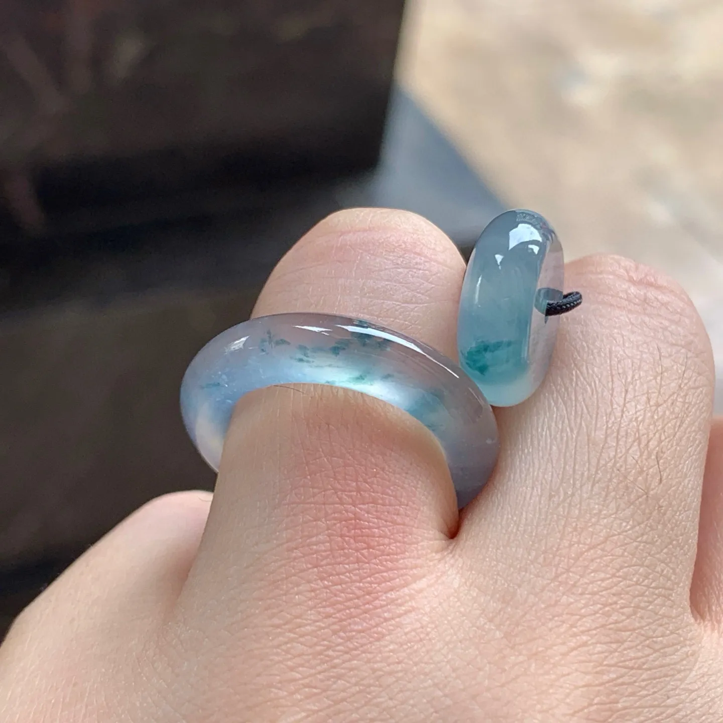 高冰蓝花指环套装^_^冰透 荧光十足 蓝花 种老 14号指圈