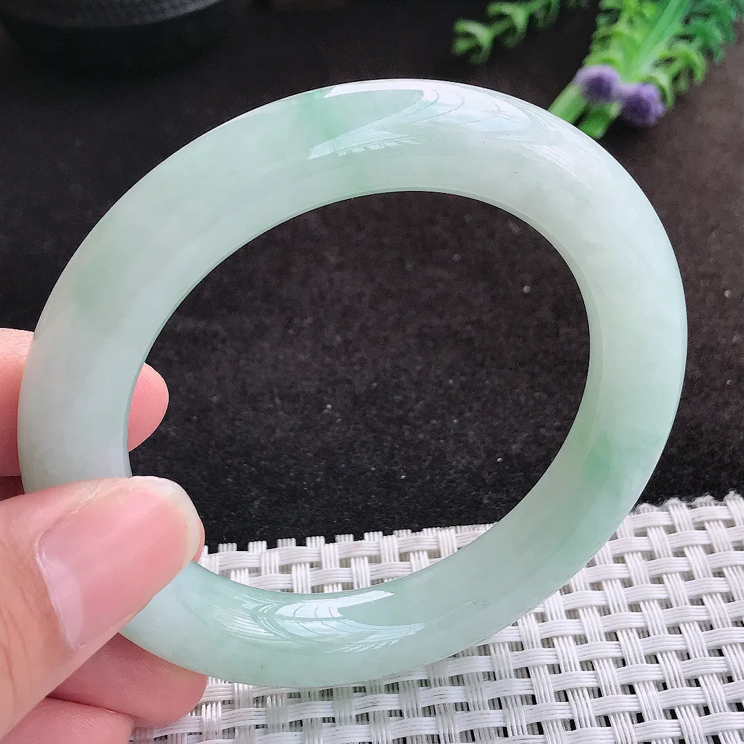 自然光55/10.8/11.3老坑冰胶水灵冰晴圆条手镯缅甸翡翠宽边玉镯手环