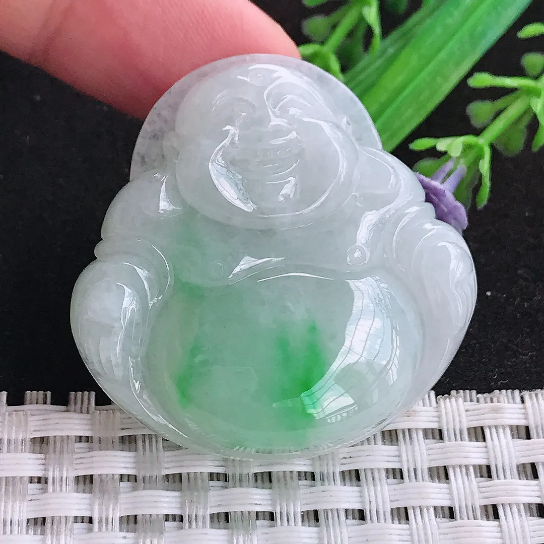 自然光39/39/9.5老坑精美冰润飘阳绿大佛公吊坠天然翡翠玉坠挂件