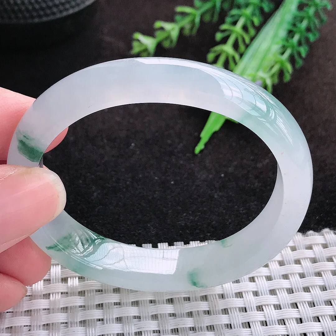 自然光52/44.5/11.5/7.3老坑冰胶果冻胶飘花贵妃手镯缅甸翡翠宽边玉镯手环
