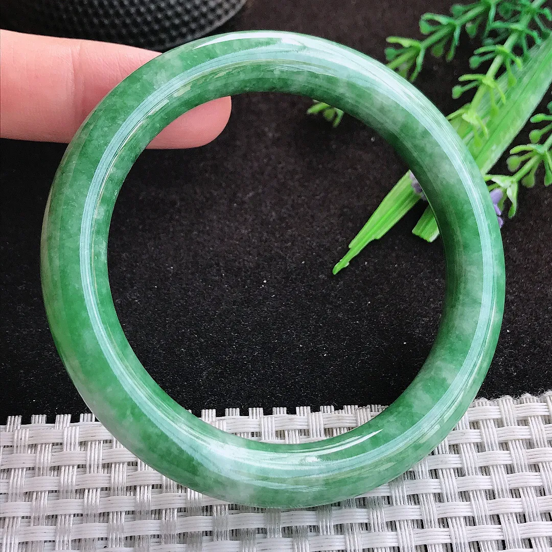 自然光58/10/9.8老坑温润辣绿满绿圆条手镯缅甸翡翠宽边玉镯手环