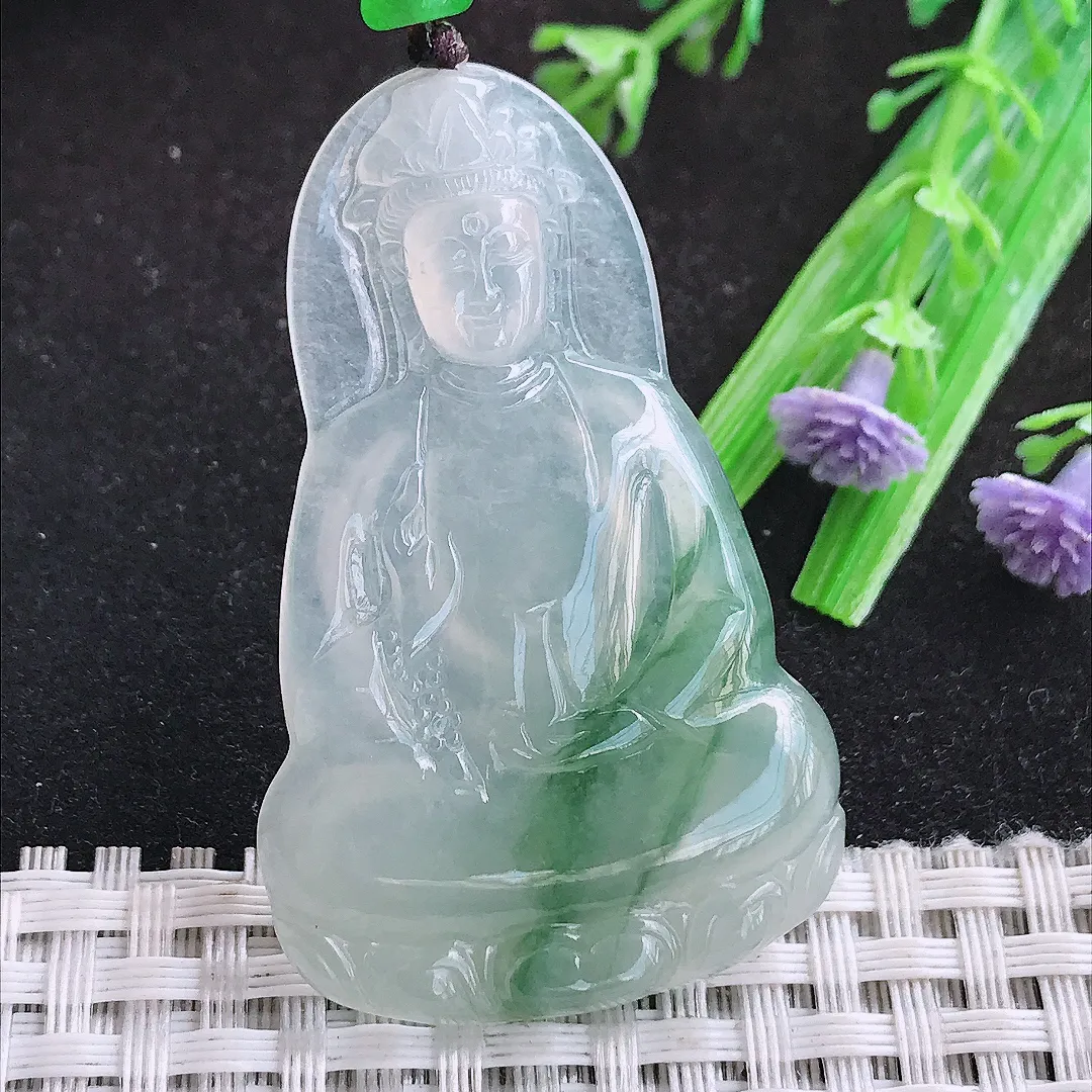 自然光50.8/31.8/4.6老坑冰种果冻胶飘花素衣观音吊坠天然翡翠玉坠挂件