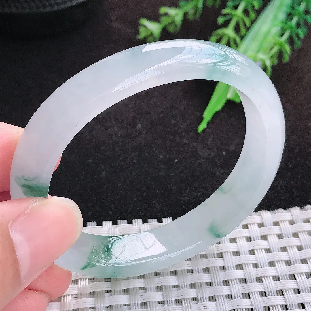 自然光52/44.5/11.5/7.3老坑冰胶果冻胶飘花贵妃手镯缅甸翡翠宽边玉镯手环