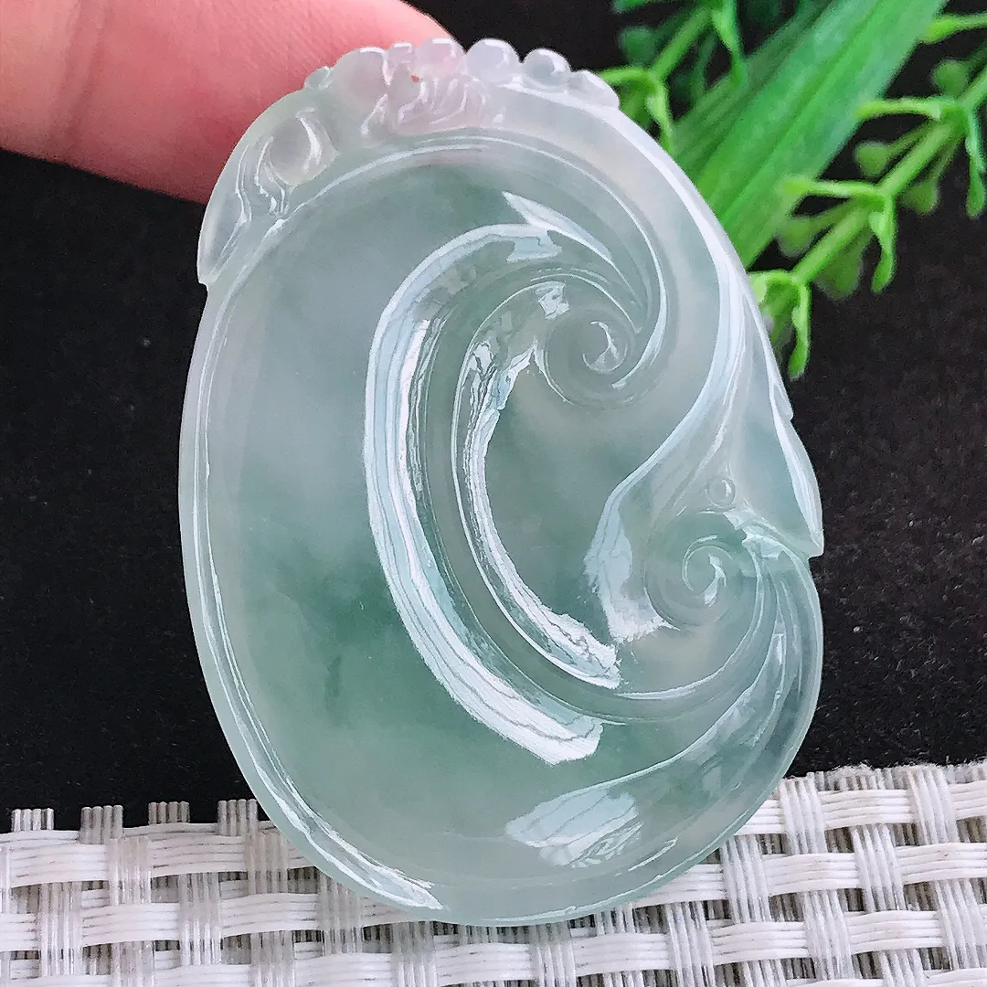 自然光53.8/39/6老坑冰胶果冻冰晴飘花大如意吊坠天然翡翠玉坠挂件