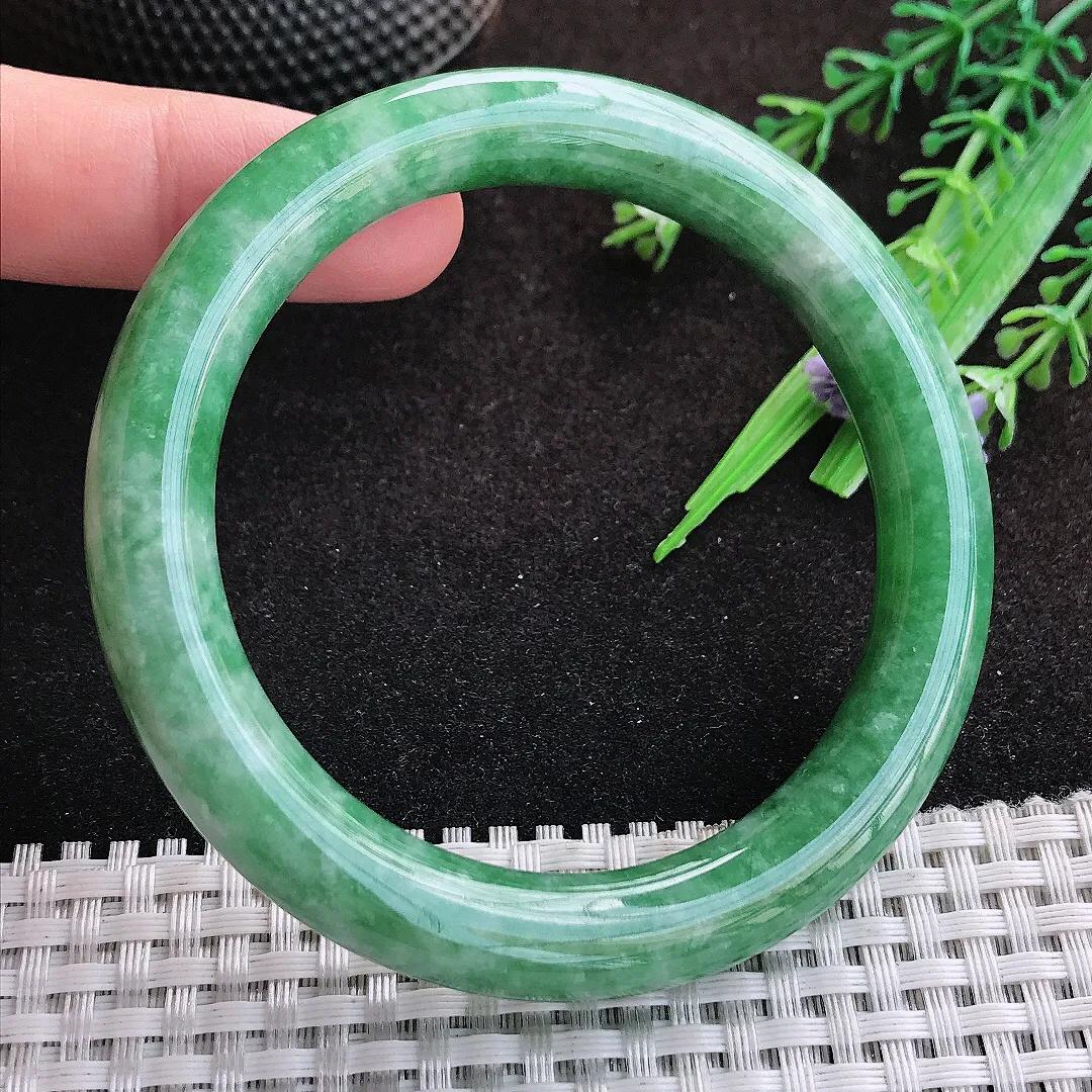 自然光58/10/9.8老坑温润辣绿满绿圆条手镯缅甸翡翠宽边玉镯手环