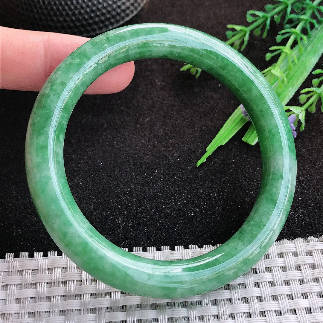 自然光58/10/9.8老坑温润辣绿满绿圆条手镯缅甸翡翠宽边玉镯手环