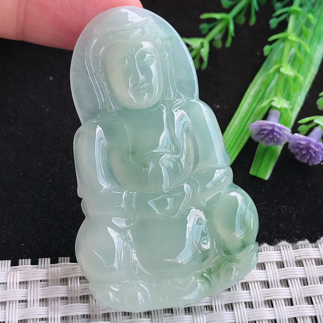 自然光62/38.3/5.5老坑冰胶果冻冰晴甜绿正装观音吊坠天然翡翠玉坠挂件