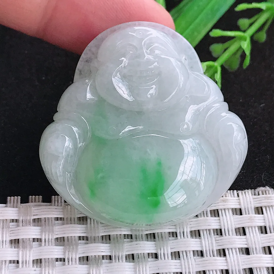 自然光39/39/9.5老坑精美冰润飘阳绿大佛公吊坠天然翡翠玉坠挂件