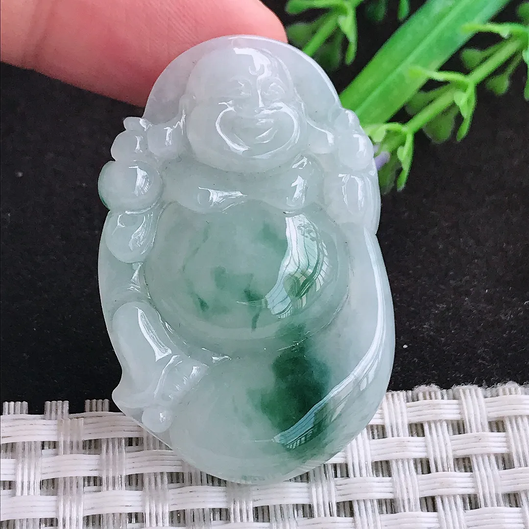 自然光44.7/29/6.2老坑精美温润飘花弥勒佛吊坠天然翡翠玉坠挂件布袋佛