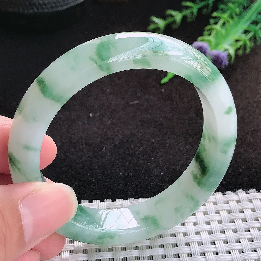自然光53.5/12.9/8.3老坑精美冰胶果冻飘花手镯缅甸翡翠宽边玉镯手环