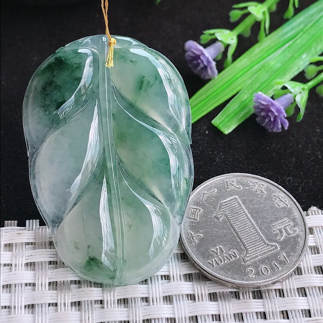 自然光47.4/31.8/4.8老坑冰种果冻冰飘花大叶子吊坠天然翡翠玉坠挂件