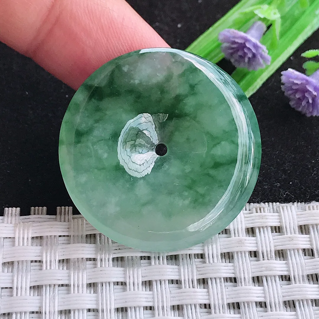 自然光31/4.5老坑冰润起胶飘花平安扣吊坠天然翡翠玉坠挂件