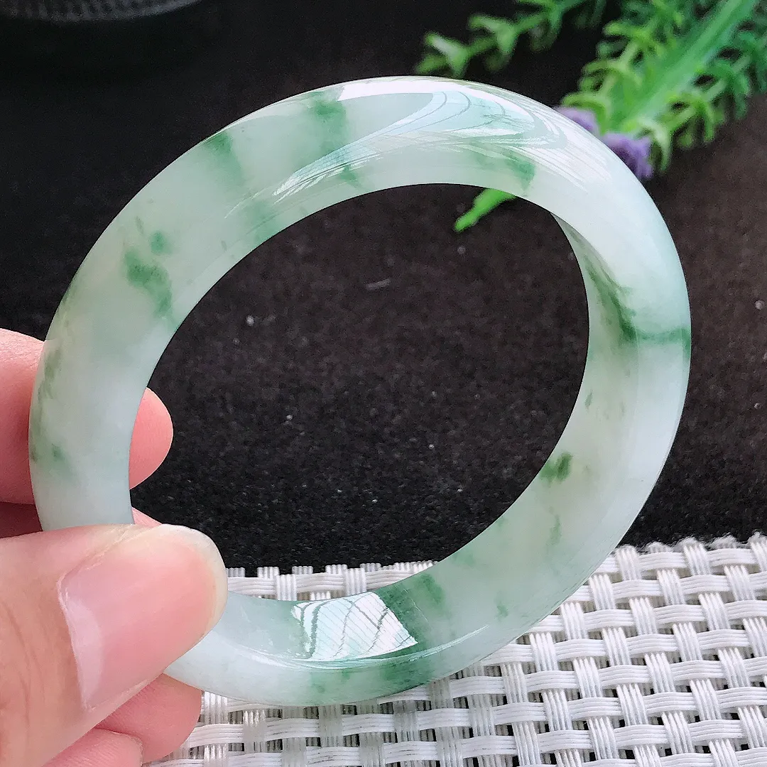 自然光53.5/12.9/8.3老坑精美冰胶果冻飘花手镯缅甸翡翠宽边玉镯手环
