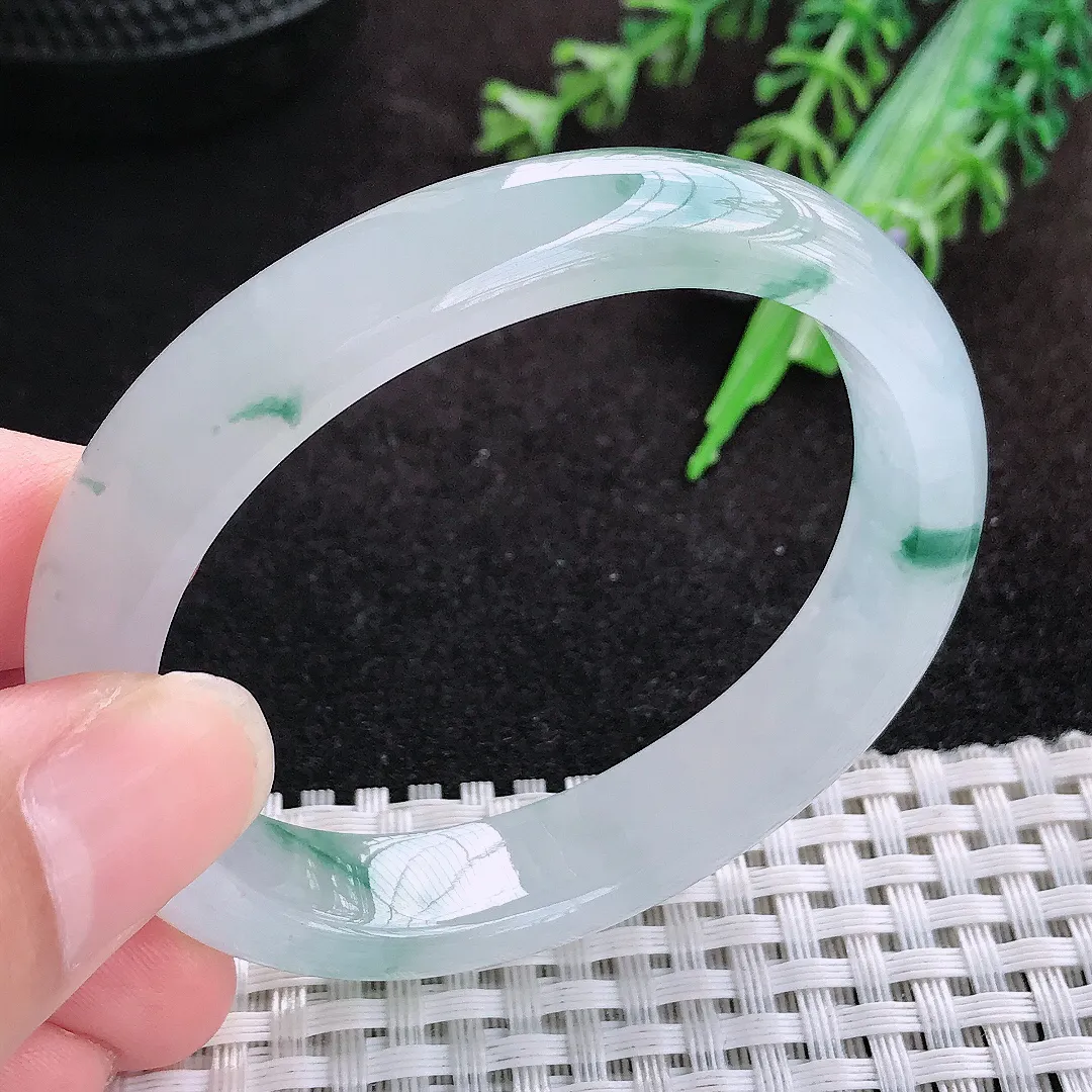 自然光52/44.5/11.5/7.3老坑冰胶果冻胶飘花贵妃手镯缅甸翡翠宽边玉镯手环