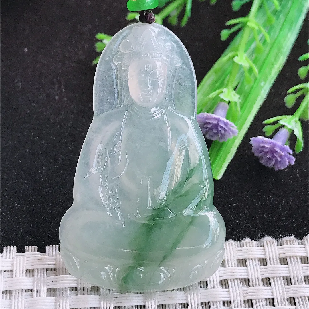 自然光50.8/31.8/4.6老坑冰种果冻胶飘花素衣观音吊坠天然翡翠玉坠挂件