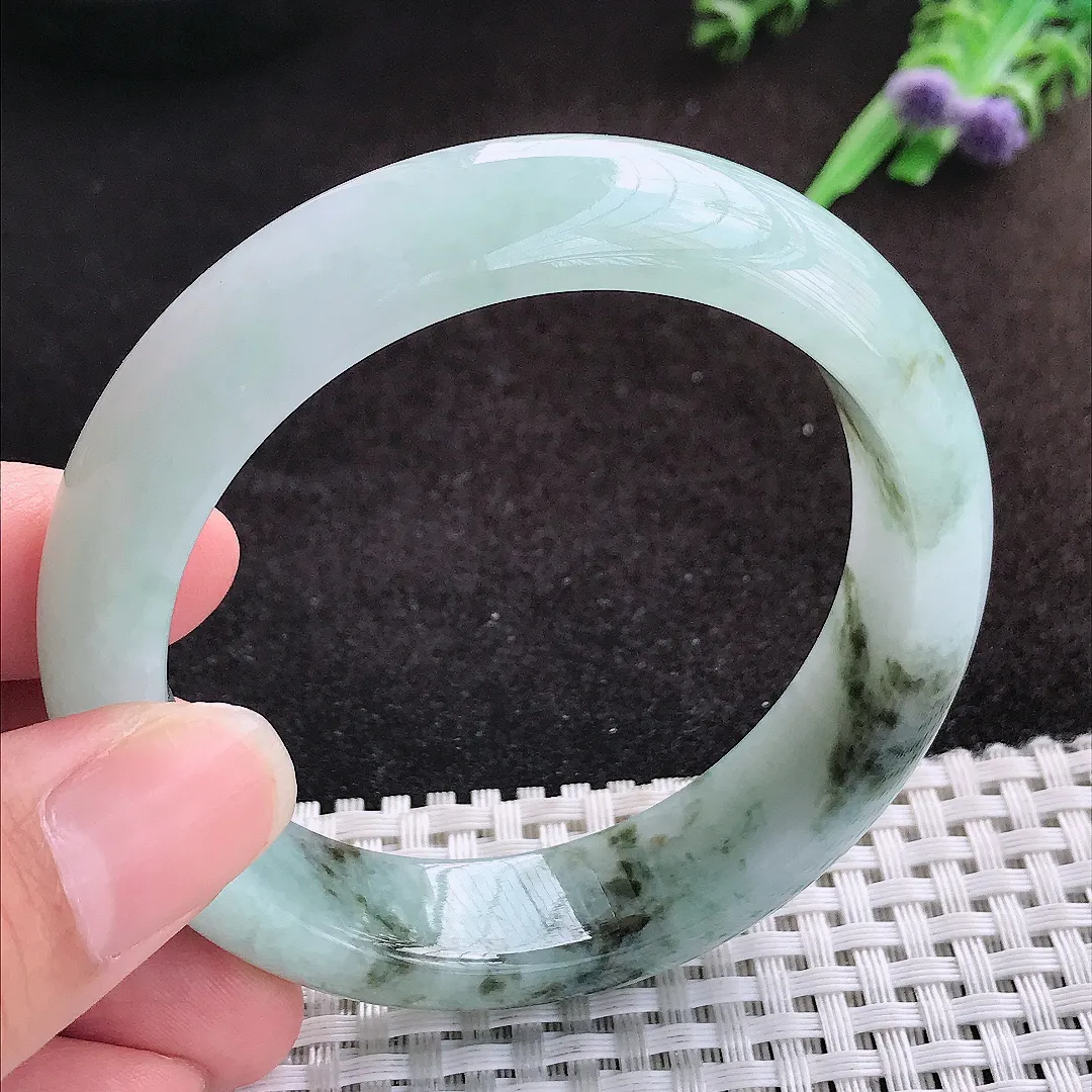 自然光55.5/14.6/8.6老坑冰润飘花手镯缅甸翡翠宽边玉镯手环