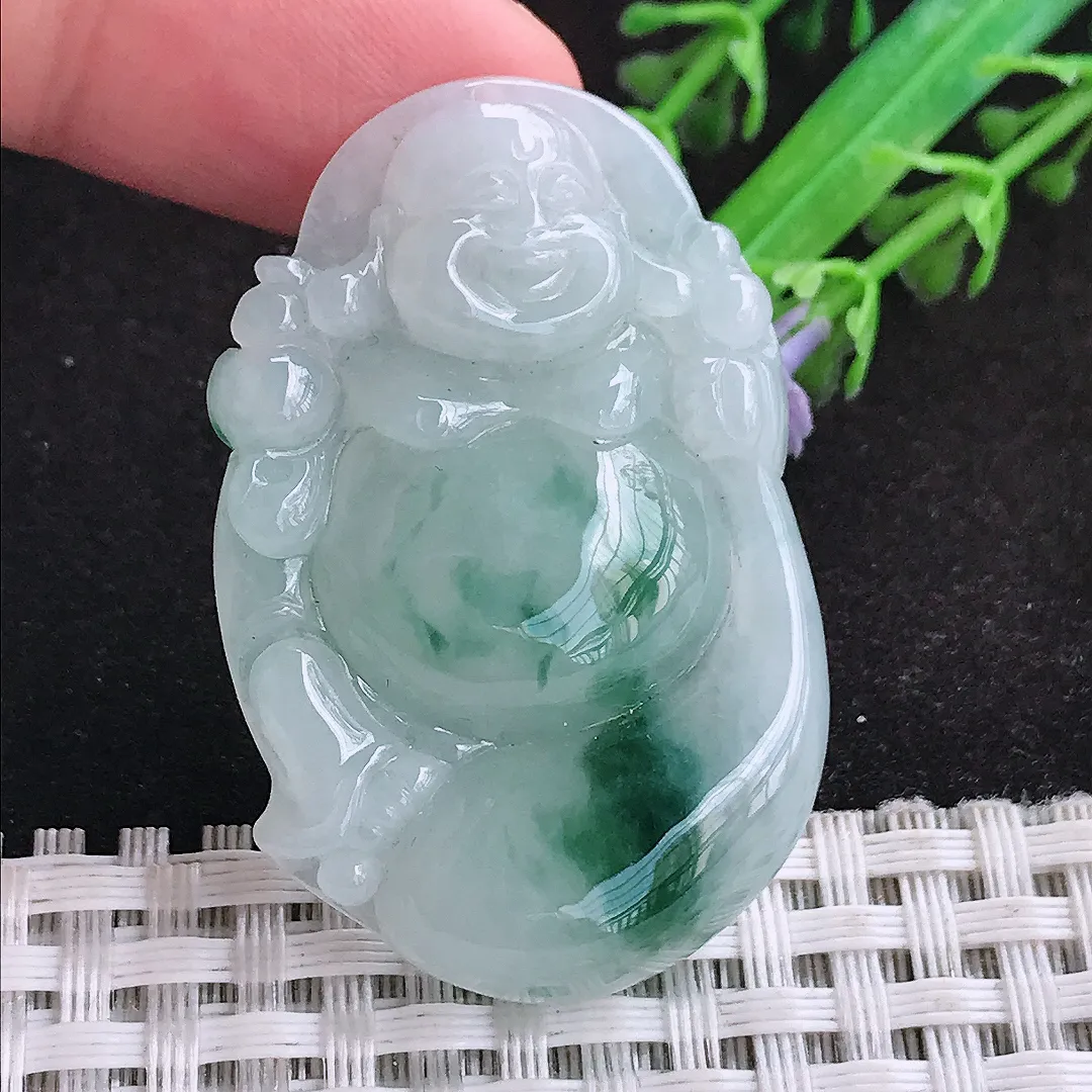 自然光44.7/29/6.2老坑精美温润飘花弥勒佛吊坠天然翡翠玉坠挂件布袋佛
