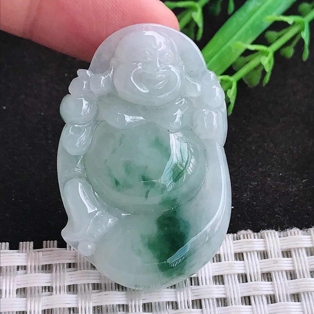 自然光44.7/29/6.2老坑精美温润飘花弥勒佛吊坠天然翡翠玉坠挂件布袋佛