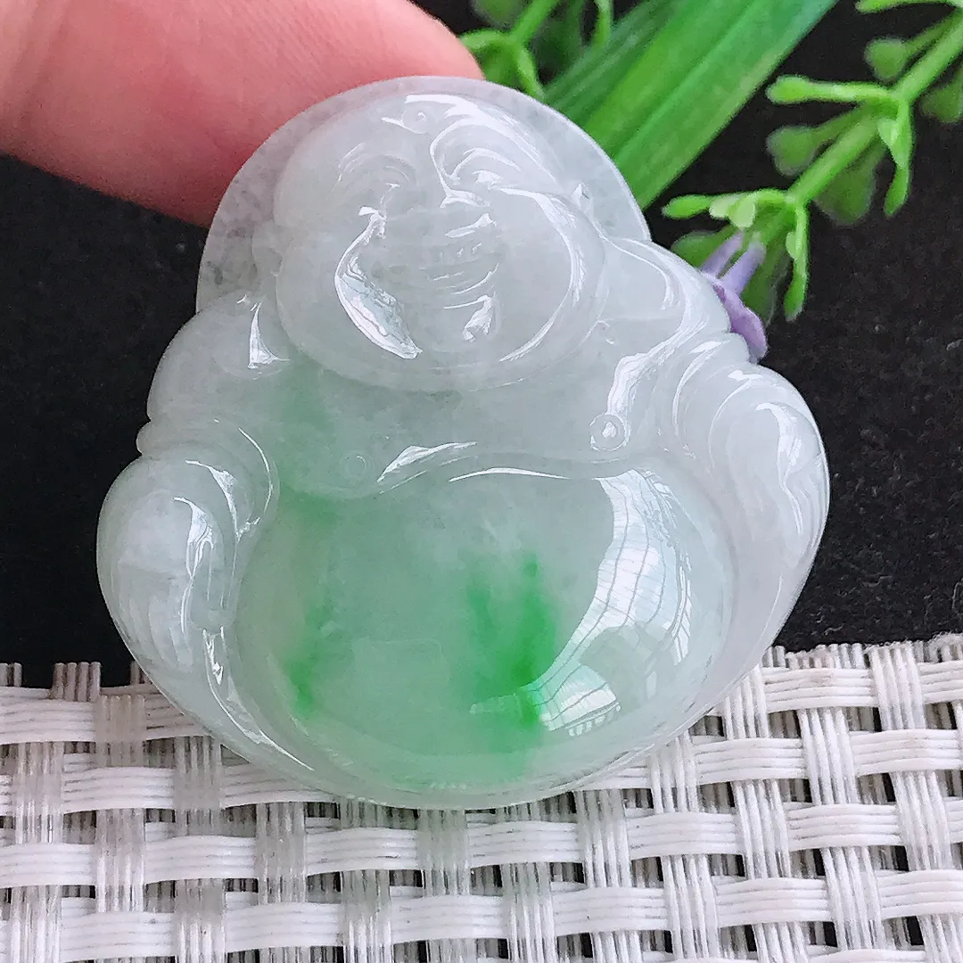 自然光39/39/9.5老坑精美冰润飘阳绿大佛公吊坠天然翡翠玉坠挂件
