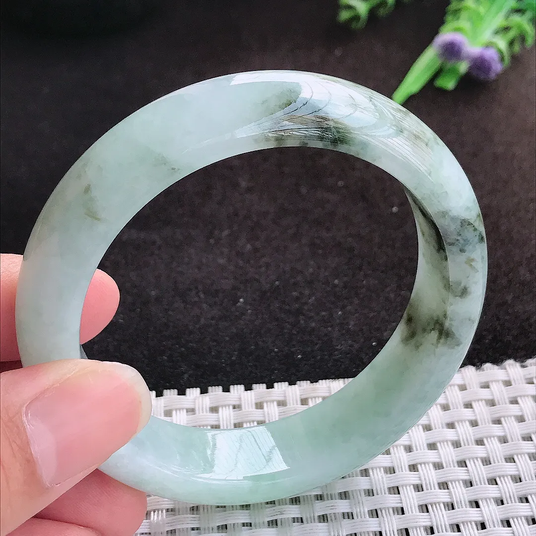 自然光55.5/14.6/8.6老坑冰润飘花手镯缅甸翡翠宽边玉镯手环