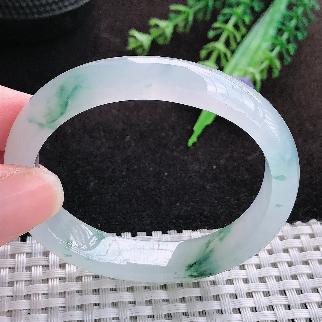 自然光52/44.5/11.5/7.3老坑冰胶果冻胶飘花贵妃手镯缅甸翡翠宽边玉镯手环