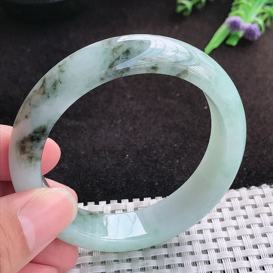 自然光55.5/14.6/8.6老坑冰润飘花手镯缅甸翡翠宽边玉镯手环
