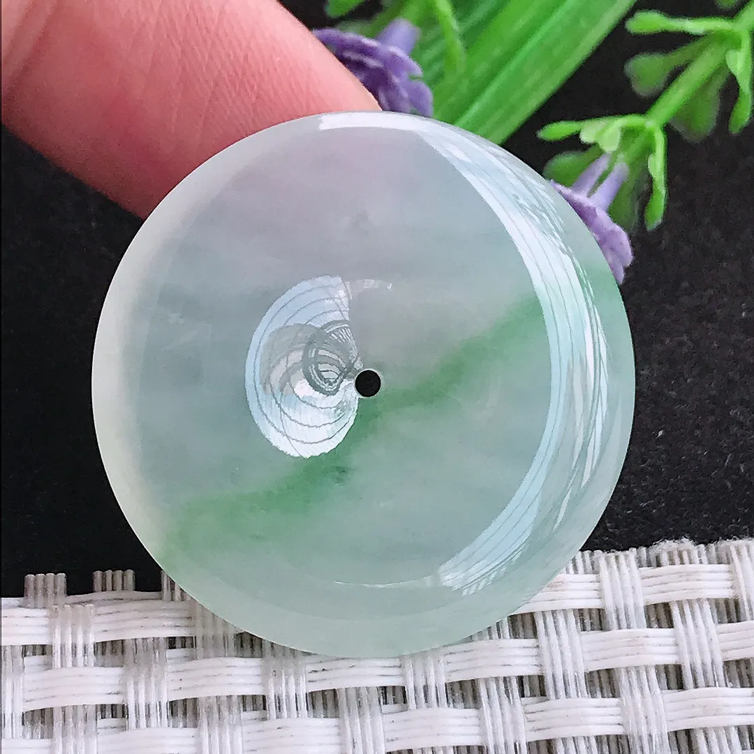 自然光32.5/5.5老坑冰种起胶果冻冰飘花平安扣吊坠天然翡翠玉坠挂件