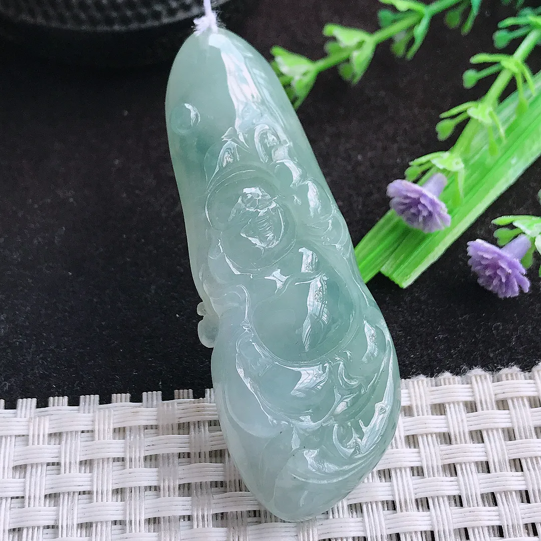 自然光63/23.8/9老坑冰胶水灵笑佛吊坠天然翡翠玉坠挂件