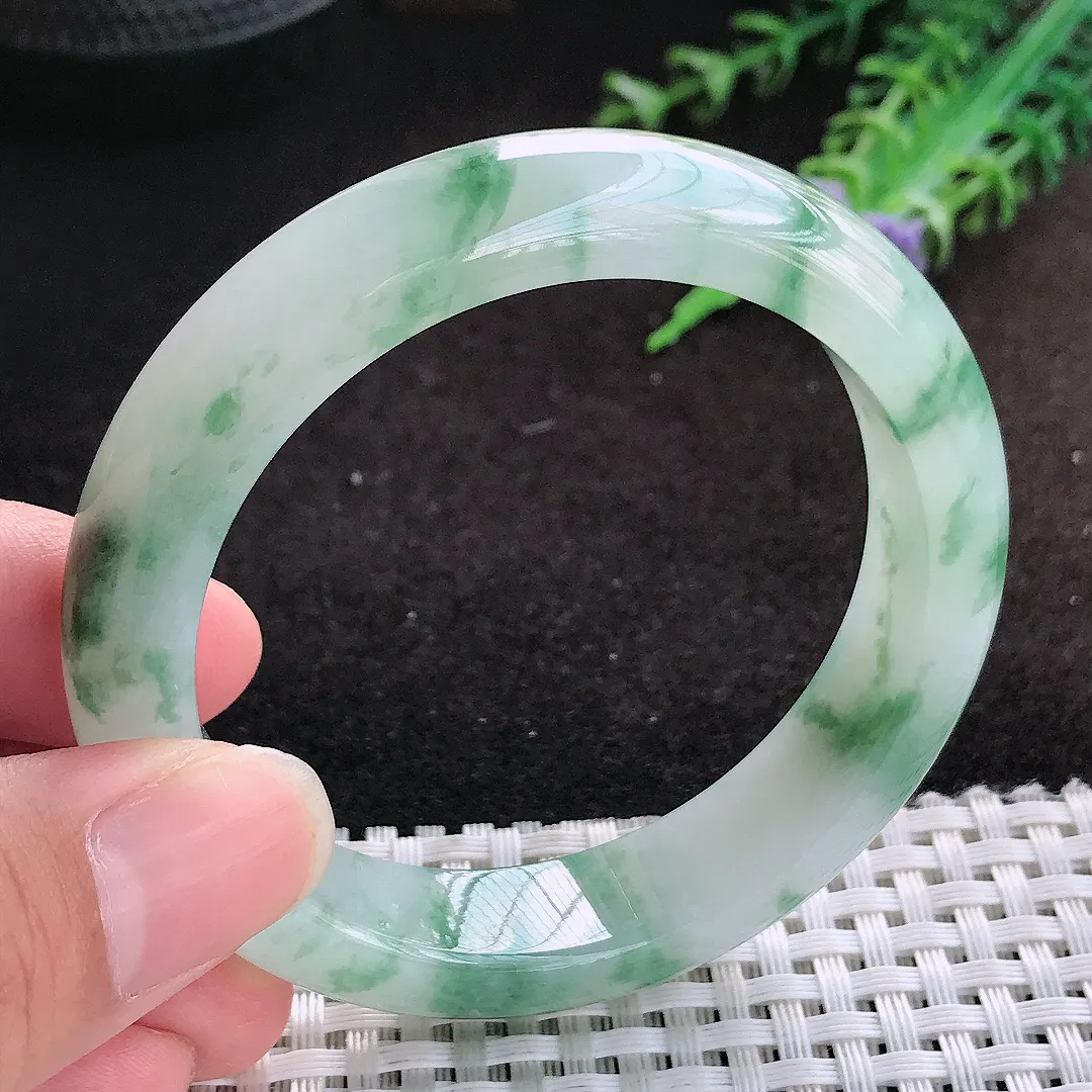 自然光53.5/12.9/8.3老坑精美冰胶果冻飘花手镯缅甸翡翠宽边玉镯手环