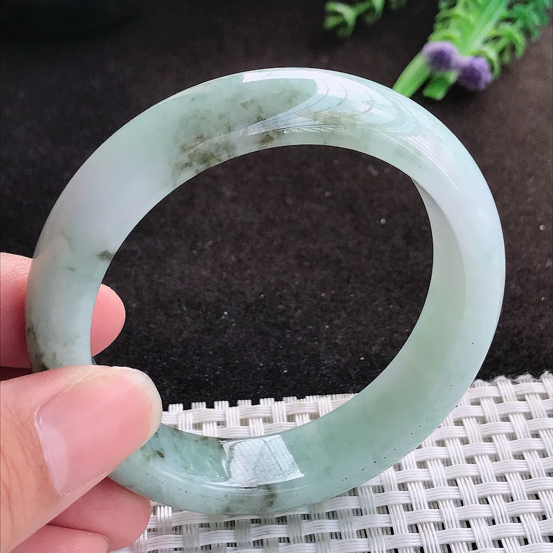 自然光55.5/14.6/8.6老坑冰润飘花手镯缅甸翡翠宽边玉镯手环