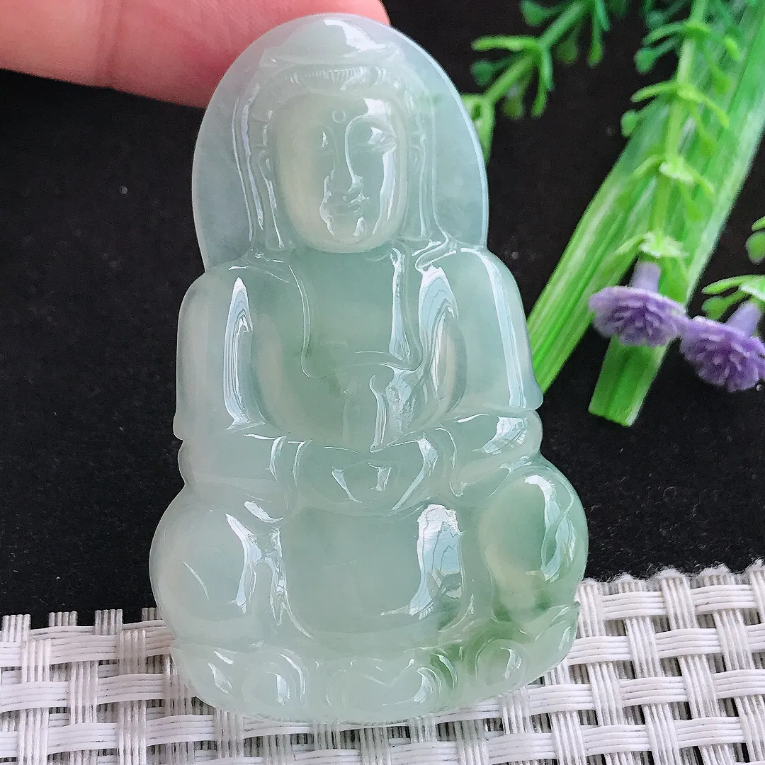 自然光62/38.3/5.5老坑冰胶果冻冰晴甜绿正装观音吊坠天然翡翠玉坠挂件