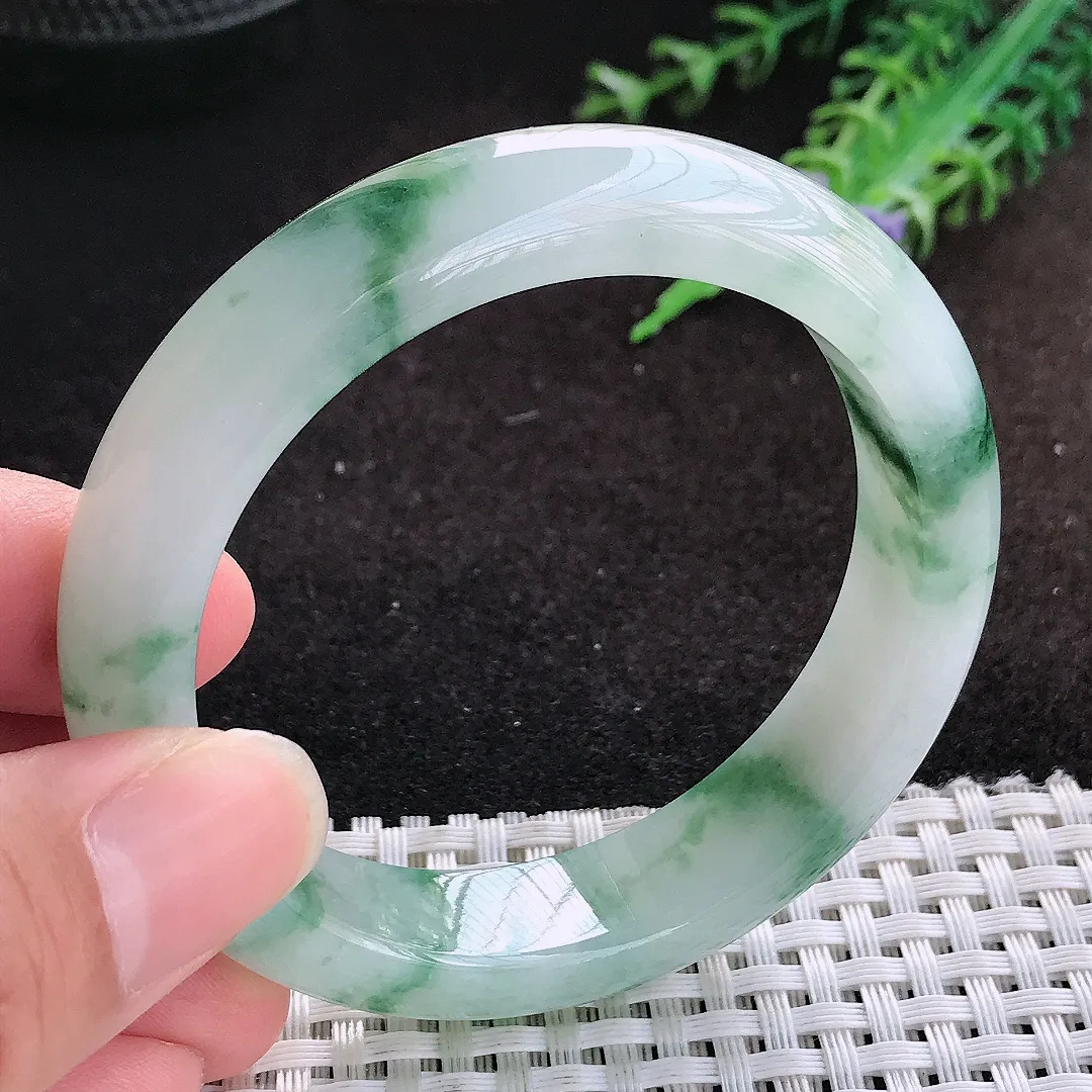 自然光53.5/12.9/8.3老坑精美冰胶果冻飘花手镯缅甸翡翠宽边玉镯手环
